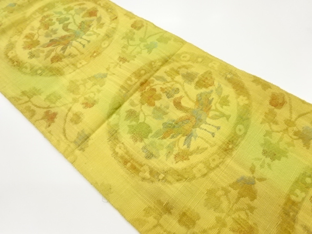 JAPANESE KIMONO / VINTAGE NAGOYA OBI / TSUMUGI / WOVEN ROUNDEL & FLOWER & BIRD
